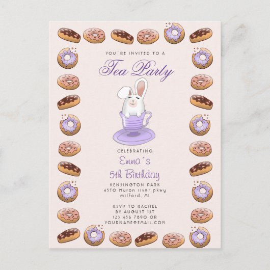 verjaardagstheefeestje nodigt bunny en donuts uit briefkaart (Voorkant)