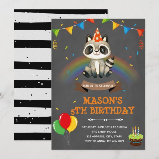 Verjaardagsthema regenboog wasbeer kaart (Voorkant / Achterkant)