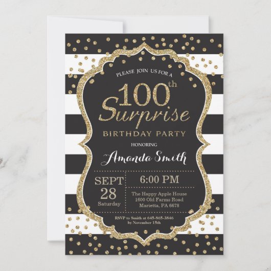 Verjaardagsuitnodiging 100e verjaardag. Gouden gli Kaart (Voorkant)