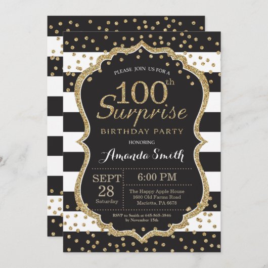 Verjaardagsuitnodiging 100e verjaardag. Gouden gli Kaart (Voorkant / Achterkant)