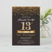 Verjaardagsuitnodiging 13e verjaardag zwart en gou kaart (Staand voorkant)