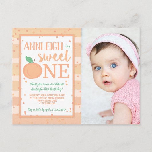 Verjaardagsuitnodiging 1 jaar Sweet One Peach Them Briefkaart (Voorkant)