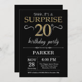 Verjaardagsuitnodiging 20e verjaardag zwart en gou kaart (Voorkant / Achterkant)