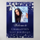 Verjaardagsuitnodiging 21 jaar blauwe zilveren ste poster (Voorkant)