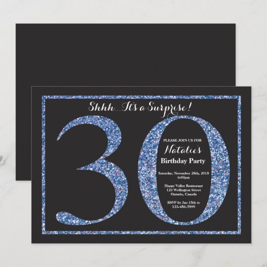 Verjaardagsuitnodiging 30e verjaardag Blauwe Glitt Kaart (Voorkant / Achterkant)