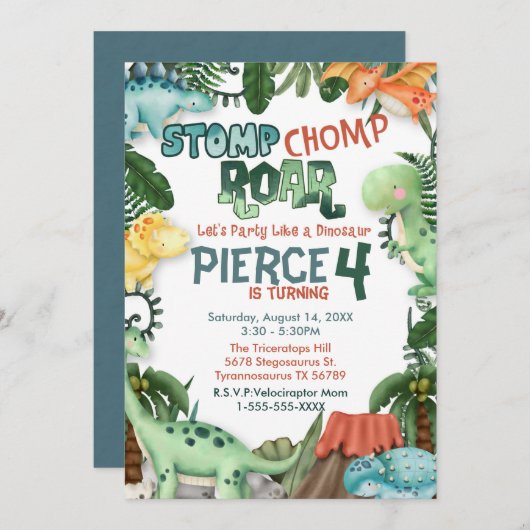 Verjaardagsuitnodiging als een dinosaurus kaart (Voorkant / Achterkant)