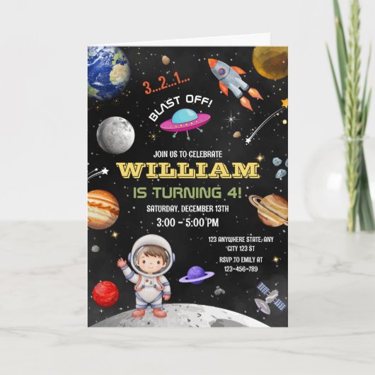 Verjaardagsuitnodiging astronaut buitenruimte melk (Voorkant)