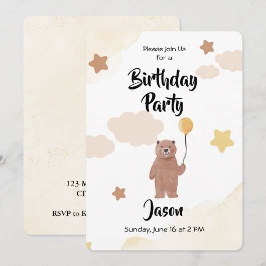 Verjaardagsuitnodiging Beer met ballon Kaart (Voorkant / Achterkant)