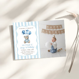 Verjaardagsuitnodiging Blauwe Ballonnen Teddybeer  Kaart