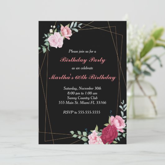 Verjaardagsuitnodiging Bloemen rozen zwart goud Kaart (Staand voorkant)