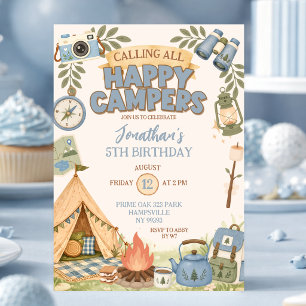 Verjaardagsuitnodiging Blue Happy Campers Kaart