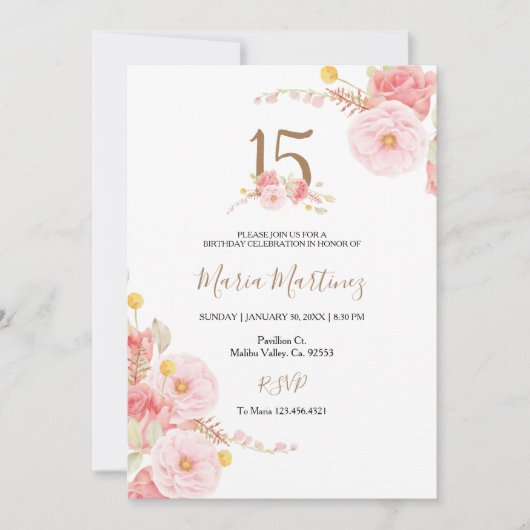 Verjaardagsuitnodiging Blush Roze Bloemen 15 jaar Kaart (Voorkant)
