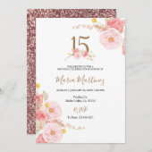 Verjaardagsuitnodiging Blush Roze Bloemen 15 jaar Kaart (Voorkant / Achterkant)