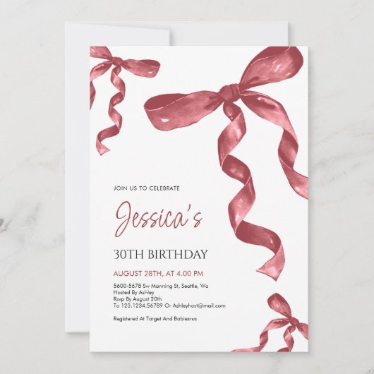 Verjaardagsuitnodiging Bourgogne Bow Kaart (Voorkant)