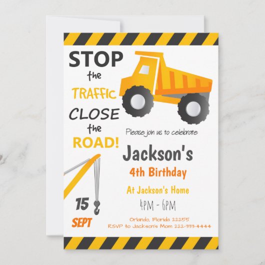 Verjaardagsuitnodiging bouw dump truck kaart (Voorkant)