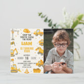 Verjaardagsuitnodiging bouw met foto kaart (Staand voorkant)