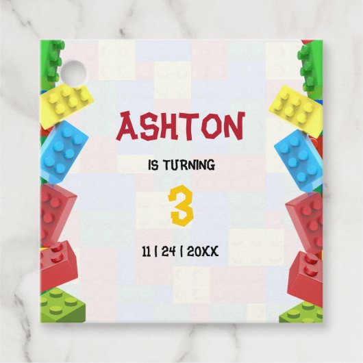 Verjaardagsuitnodiging bouwstenen jongen bedankjes labels (Voorkant)