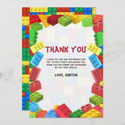 Verjaardagsuitnodiging bouwstenen jongen bedankkaart (Voorkant / Achterkant)