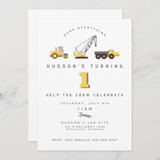 Verjaardagsuitnodiging bouwzone dumptruck kaart (Voorkant / Achterkant)