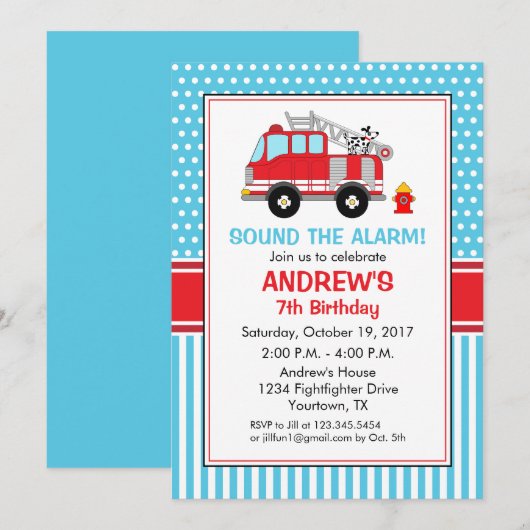 Verjaardagsuitnodiging brandweerman kaart (Voorkant / Achterkant)