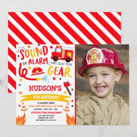 Verjaardagsuitnodiging brandweerwagen brandweerman kaart (Voorkant / Achterkant)