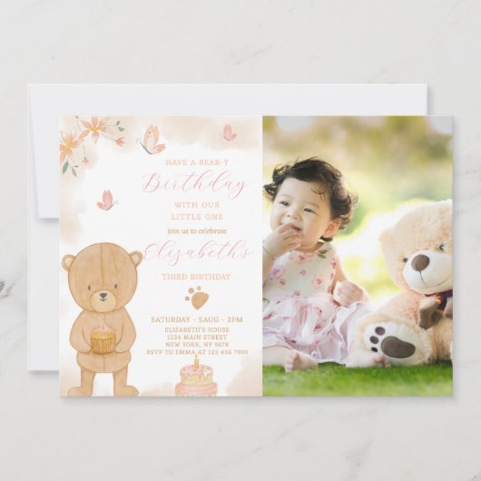 Verjaardagsuitnodiging Cake Teddy Met foto Kaart (Voorkant)