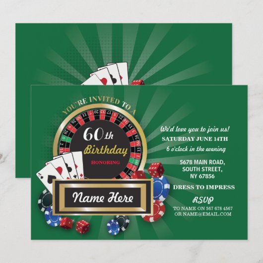 Verjaardagsuitnodiging Casino Night Las Vegas Roul Kaart (Voorkant / Achterkant)