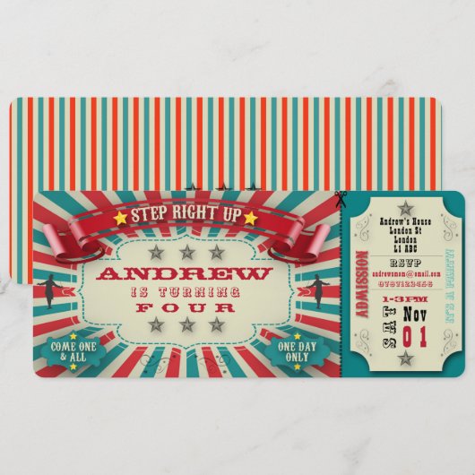 Verjaardagsuitnodiging Circus Ticket - personalise Kaart (Voorkant / Achterkant)