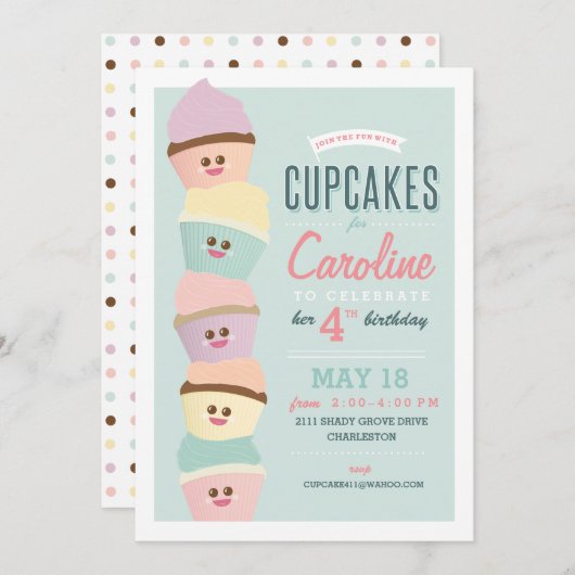 Verjaardagsuitnodiging // Cupcake-feestje Kaart (Voorkant / Achterkant)