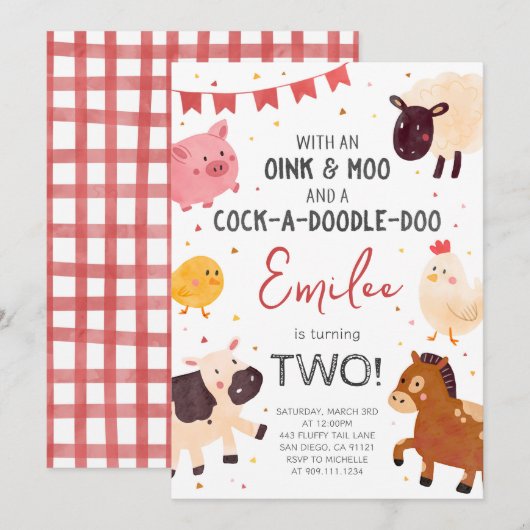 Verjaardagsuitnodiging Cute Farm Animals Kaart (Voorkant / Achterkant)
