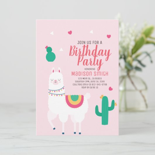Verjaardagsuitnodiging Cute Party Llama Kaart (Staand voorkant)