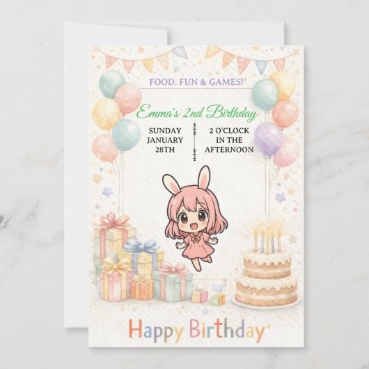 Verjaardagsuitnodiging Cute Pastel Bunny Kaart (Voorkant)
