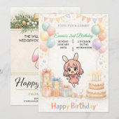 Verjaardagsuitnodiging Cute Pastel Bunny Kaart (Voorkant / Achterkant)