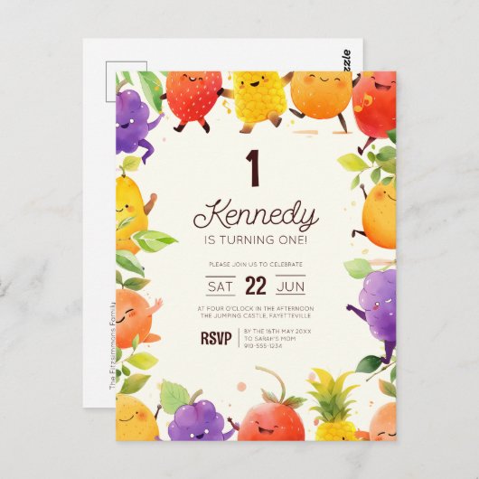 Verjaardagsuitnodiging Dansend Fruit Briefkaart (Voorkant / Achterkant)
