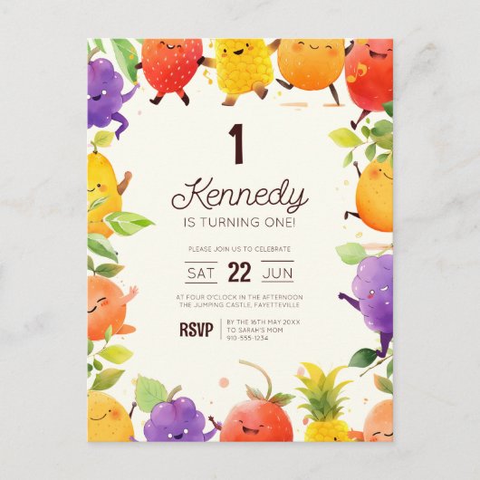 Verjaardagsuitnodiging Dansend Fruit Briefkaart (Voorkant)