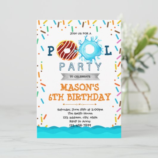 verjaardagsuitnodiging Donut poolpartij Kaart (Staand voorkant)