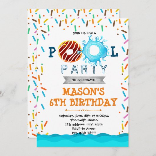 verjaardagsuitnodiging Donut poolpartij Kaart (Voorkant / Achterkant)