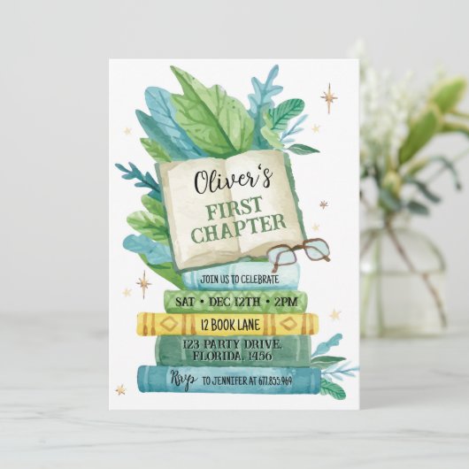 Verjaardagsuitnodiging eerste hoofdstuk sprookjesb kaart (Staand voorkant)