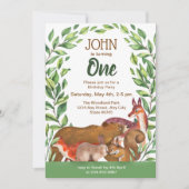 Verjaardagsuitnodiging eerste verjaardag bosdieren kaart (Voorkant)