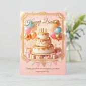 Verjaardagsuitnodiging: Elegante Taart & Ballonnen Kaart (Staand voorkant)