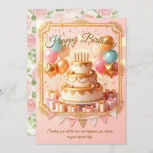 Verjaardagsuitnodiging: Elegante Taart & Ballonnen Kaart (Voorkant / Achterkant)