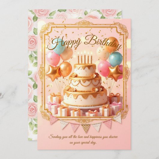Verjaardagsuitnodiging: Elegante Taart & Ballonnen Kaart (Voorkant / Achterkant)