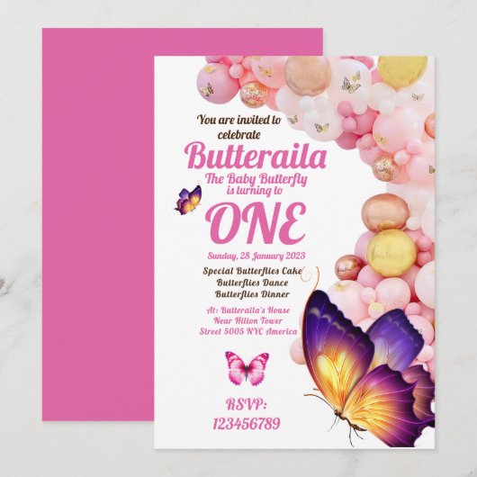 Verjaardagsuitnodiging Flyer Butterfly Baby Pink Kaart (Voorkant / Achterkant)