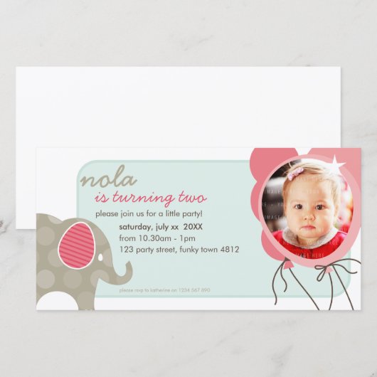 VERJAARDAGSUITNODIGING FOTOCARD :: olifant + ballo (Voorkant / Achterkant)