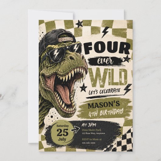 Verjaardagsuitnodiging Four Ever Wild Dinosaur Kaart (Voorkant)