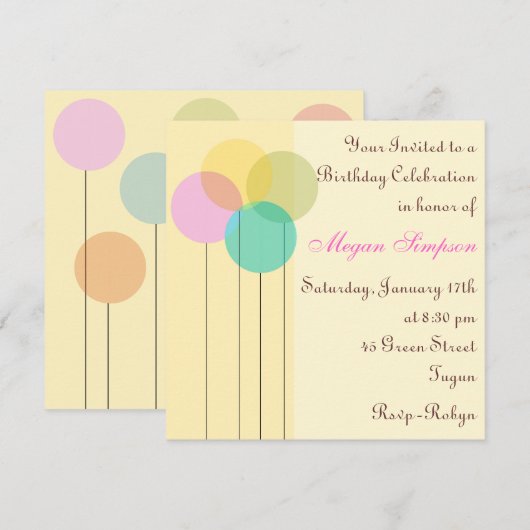 Verjaardagsuitnodiging gele ballon kaart (Voorkant / Achterkant)