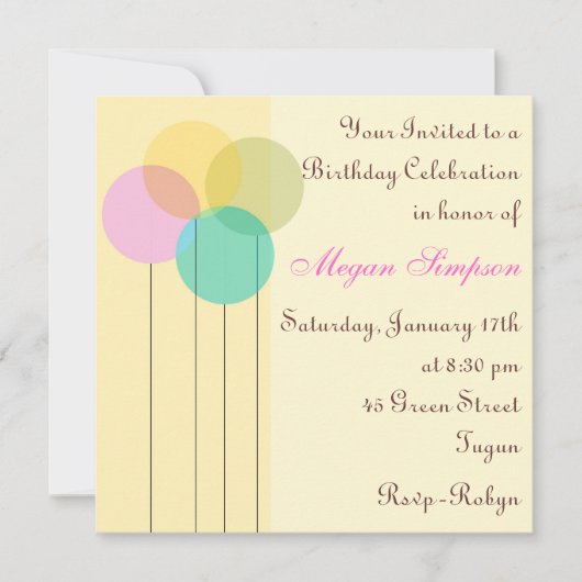 Verjaardagsuitnodiging gele ballon kaart (Voorkant)