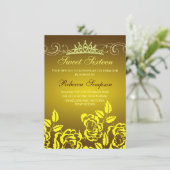 Verjaardagsuitnodiging Gele Roos & Tiara Kaart (Staand voorkant)