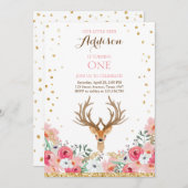 Verjaardagsuitnodiging herten Bos Goud Roze Bloeme Kaart (Voorkant / Achterkant)