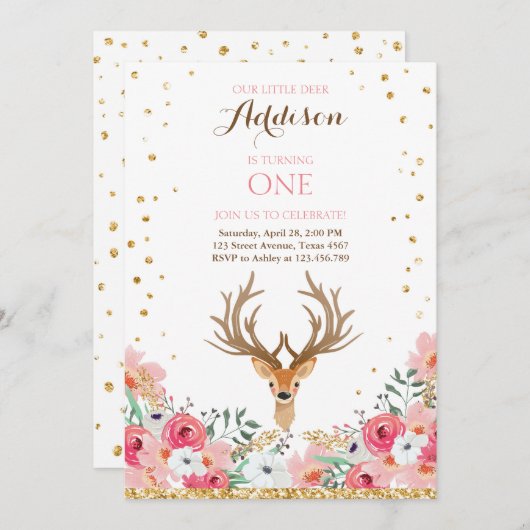 Verjaardagsuitnodiging herten Bos Goud Roze Bloeme Kaart (Voorkant / Achterkant)